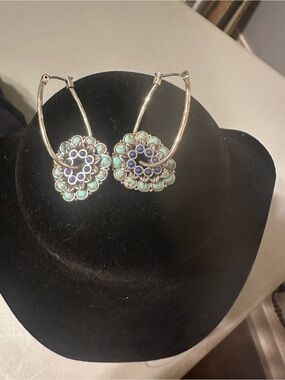 Fossil Silver Hoop Earrings with Blue Centers and Mint Floral Enamel
